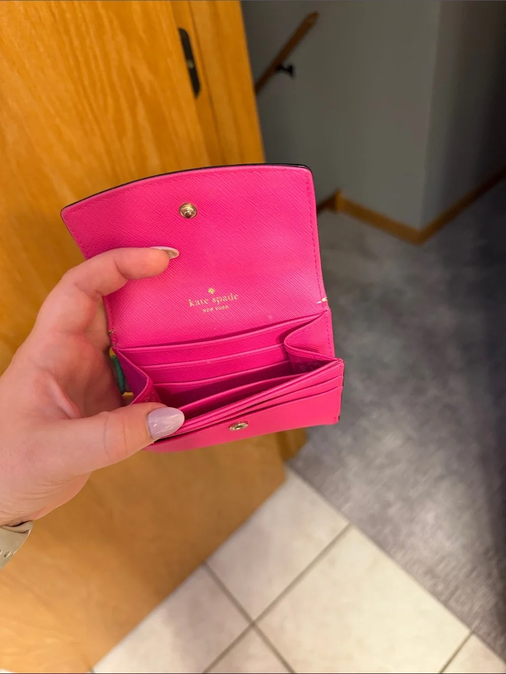 kate spade Bright Pink Saffiano Compact Wallet with Gold Plaque - Picture 2 of 3
